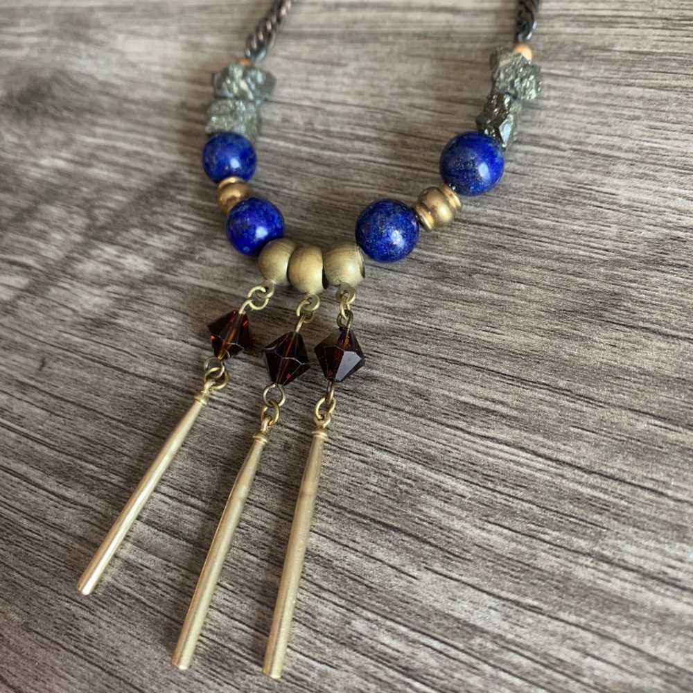 Lapis Pyrite Necklace Vintage Long Beaded Artisan